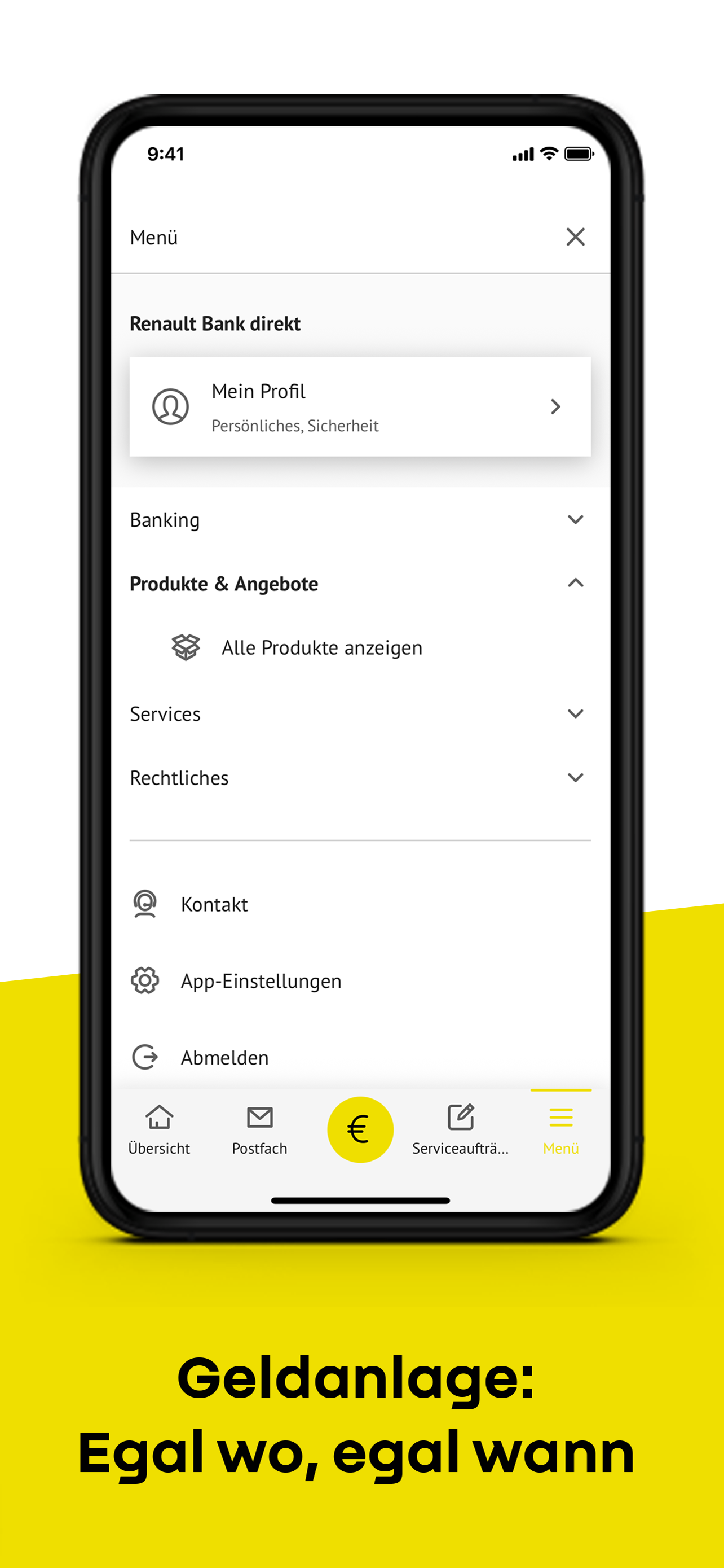 Screenshot der Renault Bank direkt Banking App: Einblick in den Menüpunkt 'Produkte und Angebote'