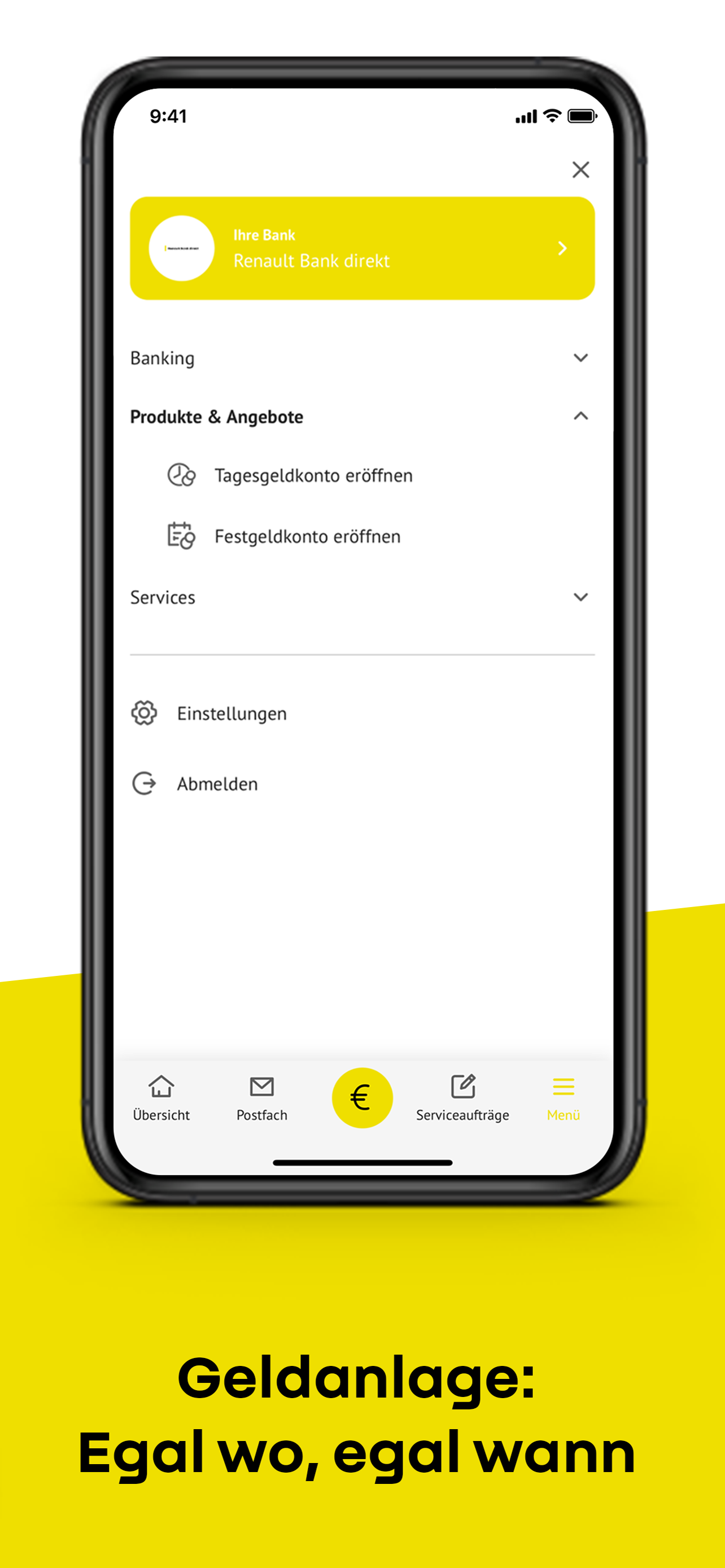 Screenshot der Renault Bank direkt Banking App: Einblick in den Menüpunkt 'Produkte und Angebote'